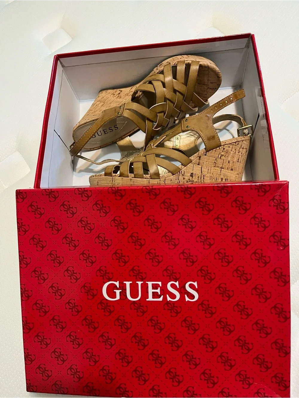 GUESS Tan Woven Leather Cork Wedge Sandals